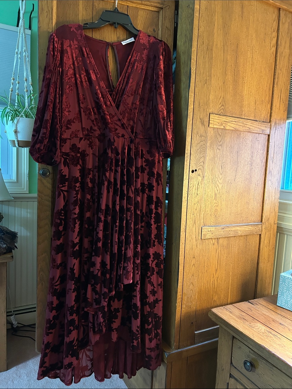 Calvin Klein Burgundy Floral Velvet Burnout High-Low Maxi Dress